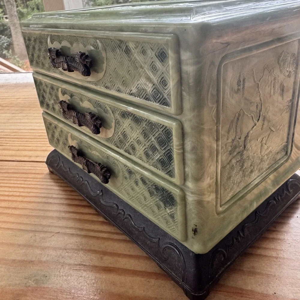 Vintage Faux Jade Chinoiserie Jewelry Box | 3-Drawer Dragon Pulls | Mid Century